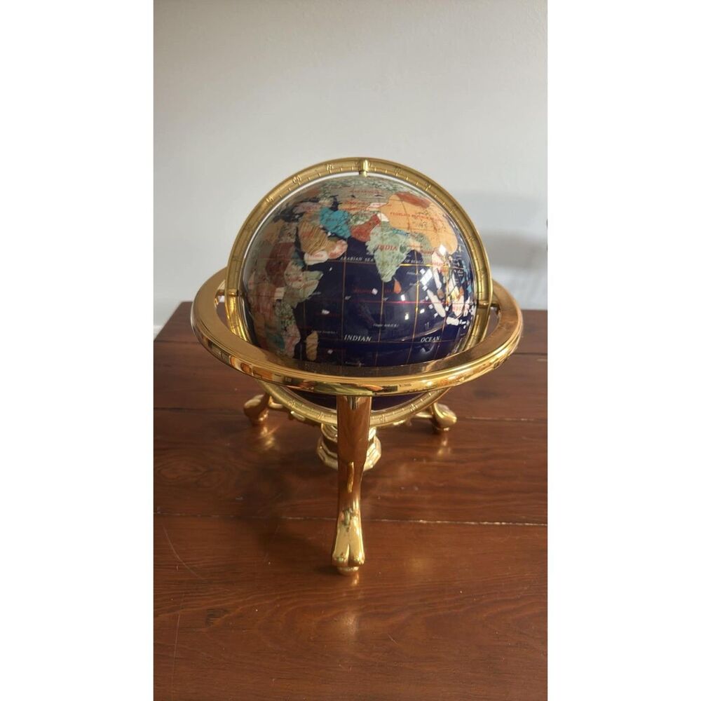 Gemstone Inlaid World 12" Globe W/ Brass Zodiac Stand & Compass